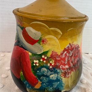 Vintage Hand-Painted Folk Art Floral Ceramic Canister Mexican
